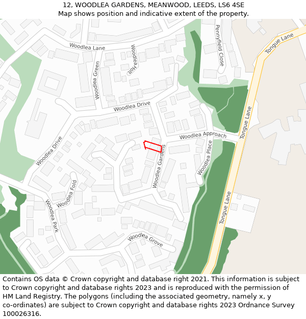 12, WOODLEA GARDENS, MEANWOOD, LEEDS, LS6 4SE: Location map and indicative extent of plot