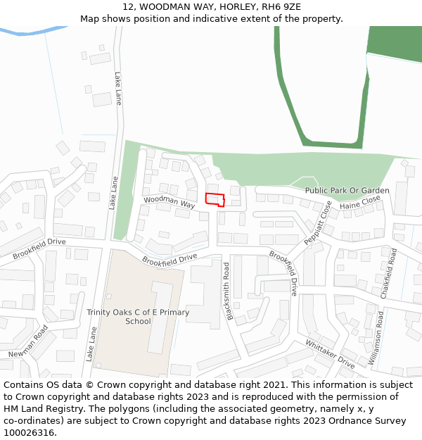 12, WOODMAN WAY, HORLEY, RH6 9ZE: Location map and indicative extent of plot
