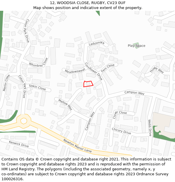 12, WOODSIA CLOSE, RUGBY, CV23 0UF: Location map and indicative extent of plot