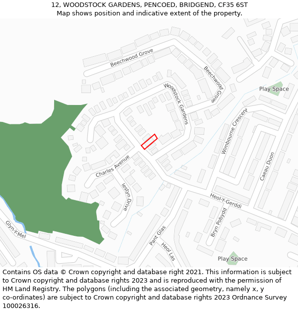 12, WOODSTOCK GARDENS, PENCOED, BRIDGEND, CF35 6ST: Location map and indicative extent of plot