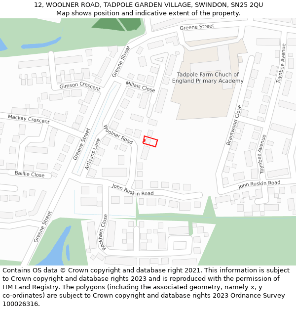 12, WOOLNER ROAD, TADPOLE GARDEN VILLAGE, SWINDON, SN25 2QU: Location map and indicative extent of plot