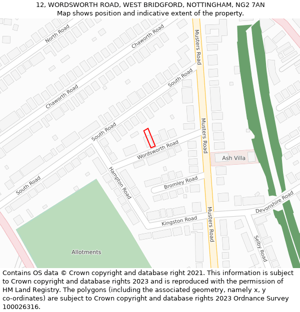12, WORDSWORTH ROAD, WEST BRIDGFORD, NOTTINGHAM, NG2 7AN: Location map and indicative extent of plot