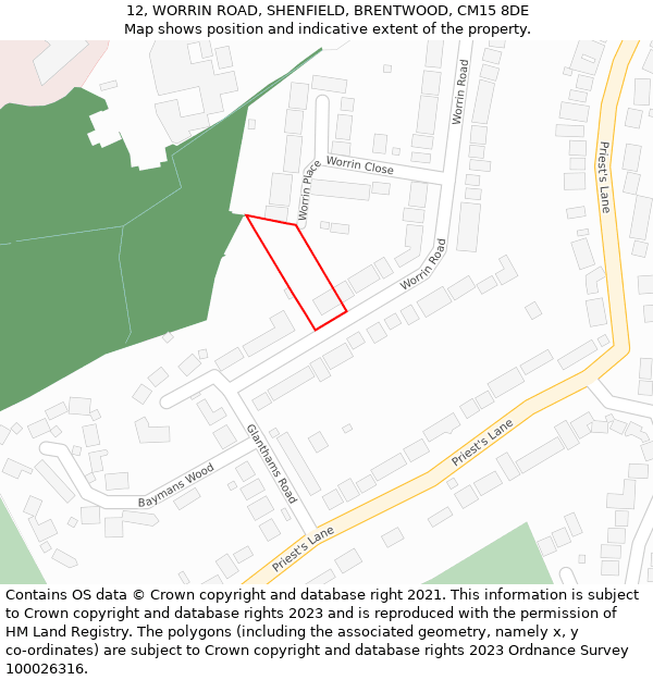 12, WORRIN ROAD, SHENFIELD, BRENTWOOD, CM15 8DE: Location map and indicative extent of plot