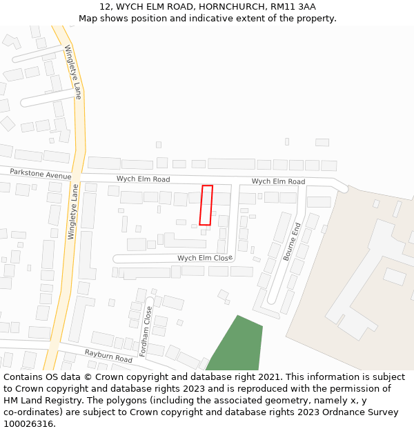 12, WYCH ELM ROAD, HORNCHURCH, RM11 3AA: Location map and indicative extent of plot