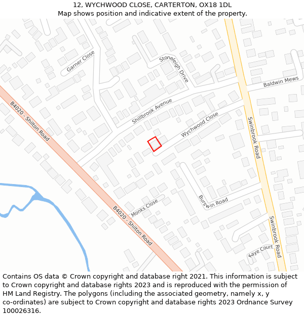 12, WYCHWOOD CLOSE, CARTERTON, OX18 1DL: Location map and indicative extent of plot