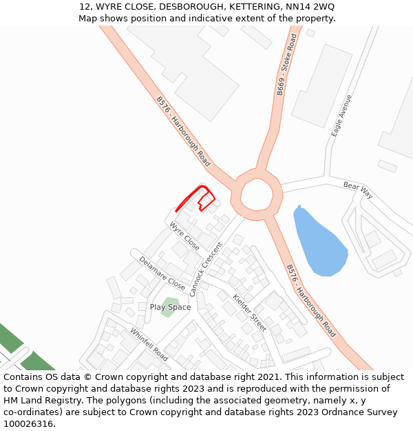 12, WYRE CLOSE, DESBOROUGH, KETTERING, NN14 2WQ: Location map and indicative extent of plot