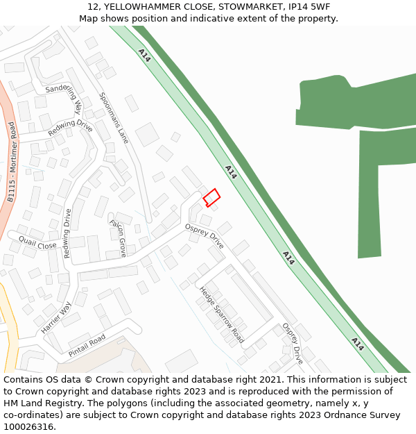 12, YELLOWHAMMER CLOSE, STOWMARKET, IP14 5WF: Location map and indicative extent of plot