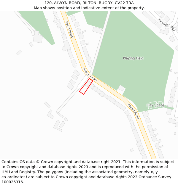 120, ALWYN ROAD, BILTON, RUGBY, CV22 7RA: Location map and indicative extent of plot