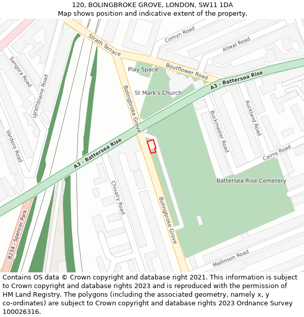 120, BOLINGBROKE GROVE, LONDON, SW11 1DA: Location map and indicative extent of plot