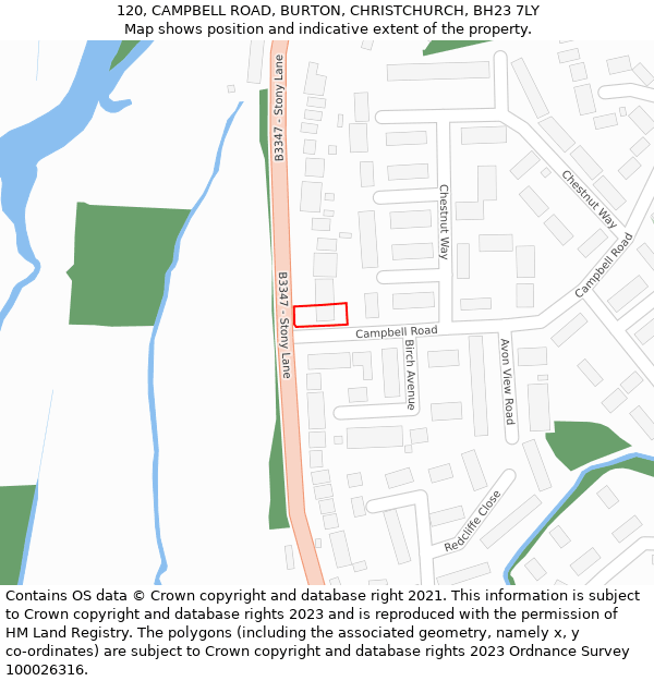 120, CAMPBELL ROAD, BURTON, CHRISTCHURCH, BH23 7LY: Location map and indicative extent of plot