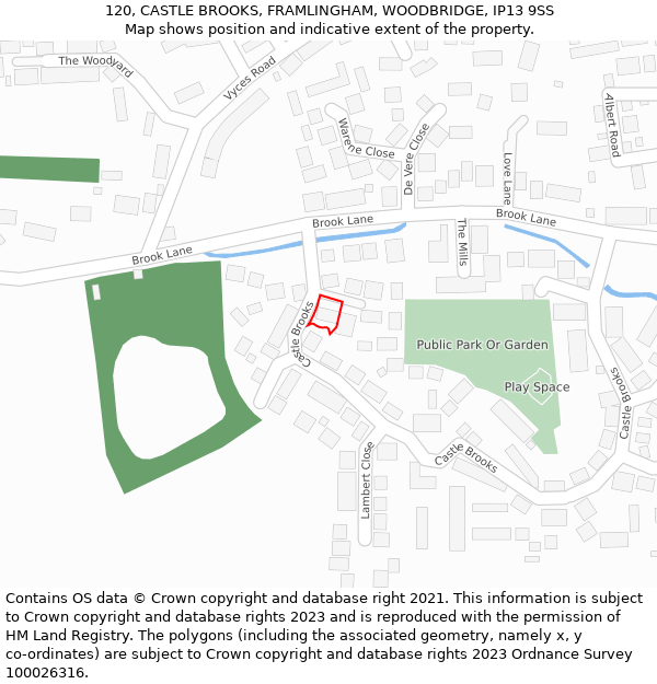 120, CASTLE BROOKS, FRAMLINGHAM, WOODBRIDGE, IP13 9SS: Location map and indicative extent of plot