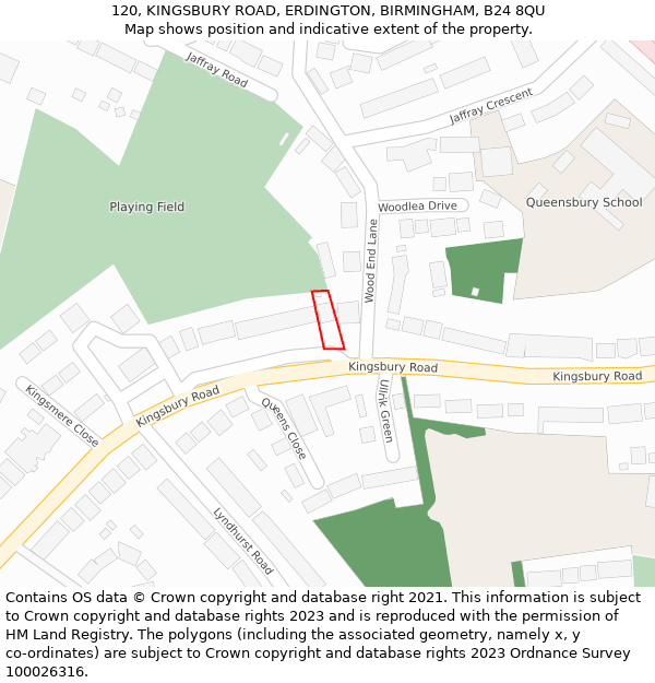 120, KINGSBURY ROAD, ERDINGTON, BIRMINGHAM, B24 8QU: Location map and indicative extent of plot