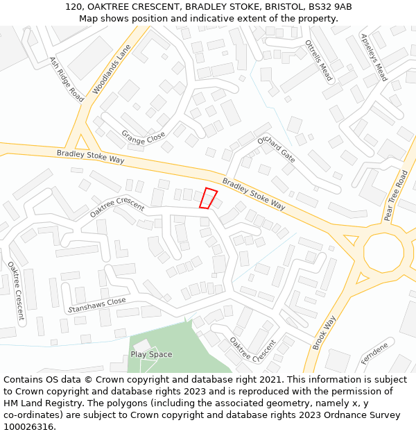 120, OAKTREE CRESCENT, BRADLEY STOKE, BRISTOL, BS32 9AB: Location map and indicative extent of plot