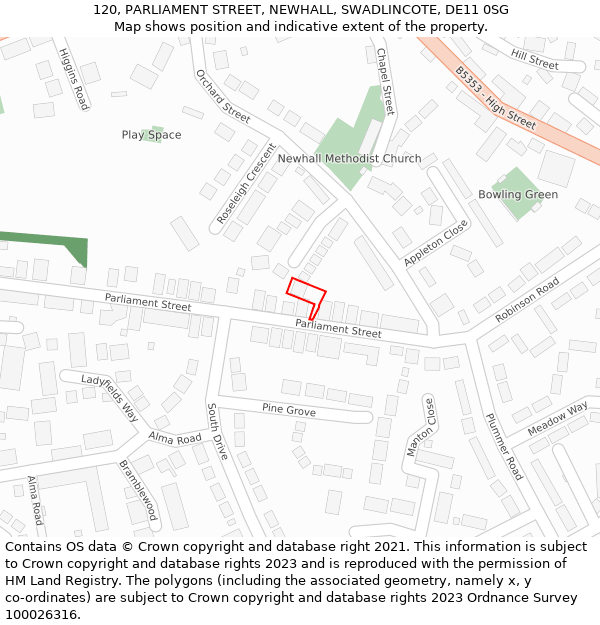 120, PARLIAMENT STREET, NEWHALL, SWADLINCOTE, DE11 0SG: Location map and indicative extent of plot