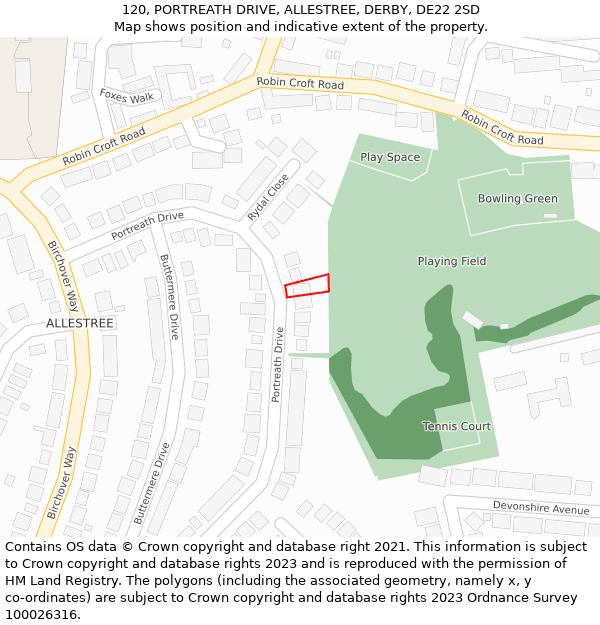 120, PORTREATH DRIVE, ALLESTREE, DERBY, DE22 2SD: Location map and indicative extent of plot