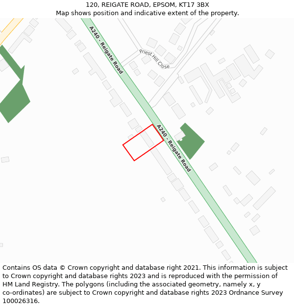 120, REIGATE ROAD, EPSOM, KT17 3BX: Location map and indicative extent of plot