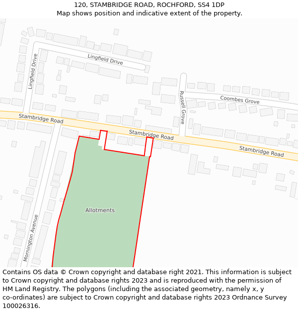 120, STAMBRIDGE ROAD, ROCHFORD, SS4 1DP: Location map and indicative extent of plot