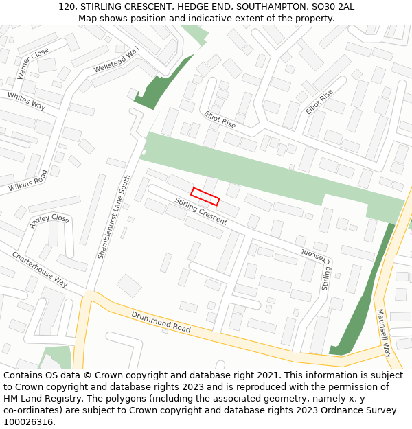 120, STIRLING CRESCENT, HEDGE END, SOUTHAMPTON, SO30 2AL: Location map and indicative extent of plot