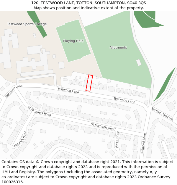 120, TESTWOOD LANE, TOTTON, SOUTHAMPTON, SO40 3QS: Location map and indicative extent of plot