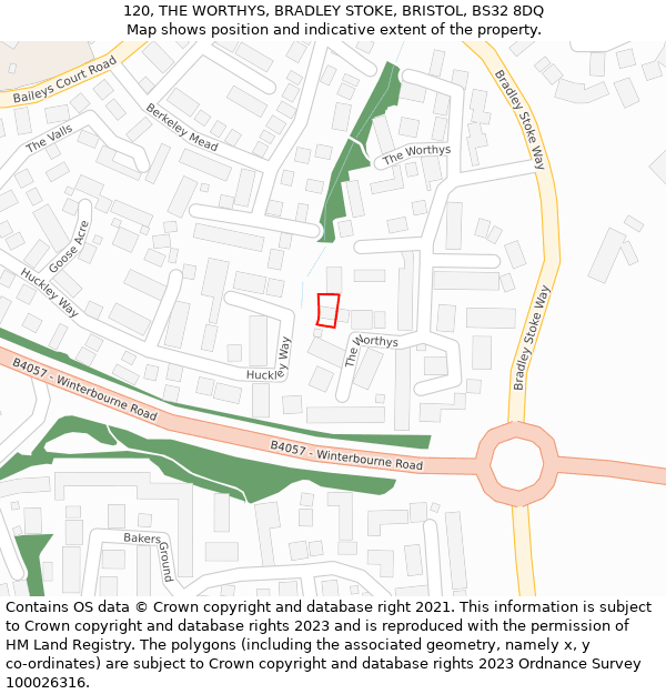 120, THE WORTHYS, BRADLEY STOKE, BRISTOL, BS32 8DQ: Location map and indicative extent of plot