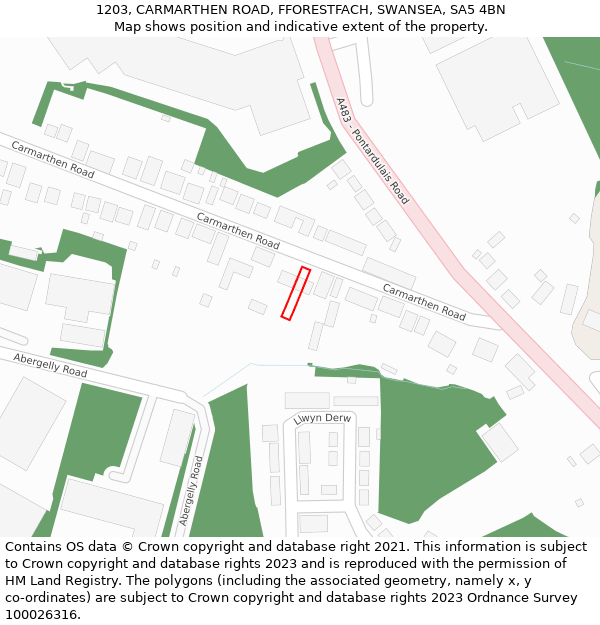 1203, CARMARTHEN ROAD, FFORESTFACH, SWANSEA, SA5 4BN: Location map and indicative extent of plot