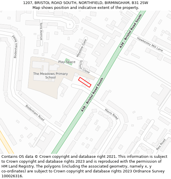 1207, BRISTOL ROAD SOUTH, NORTHFIELD, BIRMINGHAM, B31 2SW: Location map and indicative extent of plot