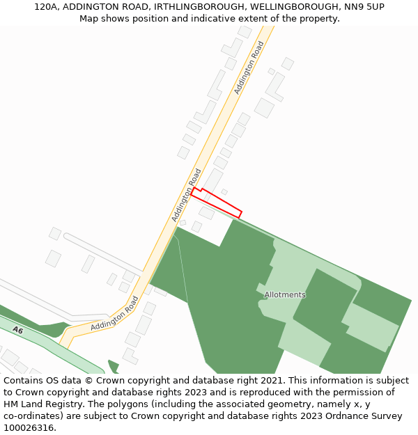 120A, ADDINGTON ROAD, IRTHLINGBOROUGH, WELLINGBOROUGH, NN9 5UP: Location map and indicative extent of plot