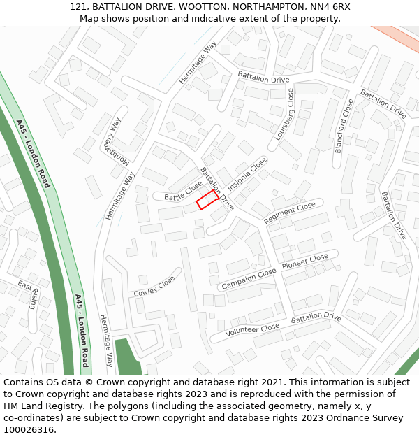121, BATTALION DRIVE, WOOTTON, NORTHAMPTON, NN4 6RX: Location map and indicative extent of plot