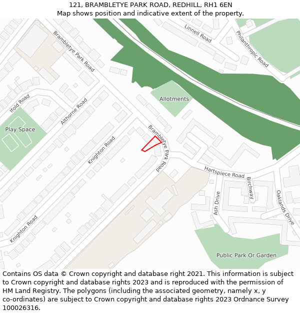 121, BRAMBLETYE PARK ROAD, REDHILL, RH1 6EN: Location map and indicative extent of plot