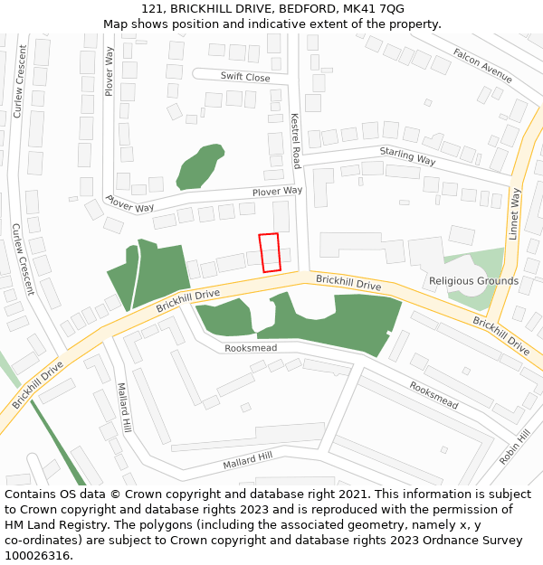 121, BRICKHILL DRIVE, BEDFORD, MK41 7QG: Location map and indicative extent of plot