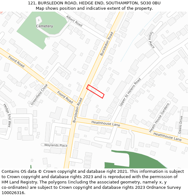 121, BURSLEDON ROAD, HEDGE END, SOUTHAMPTON, SO30 0BU: Location map and indicative extent of plot