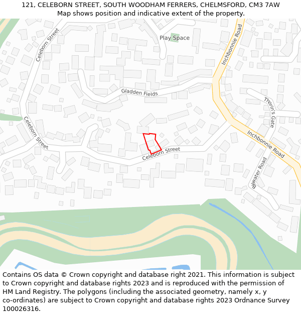 121, CELEBORN STREET, SOUTH WOODHAM FERRERS, CHELMSFORD, CM3 7AW: Location map and indicative extent of plot