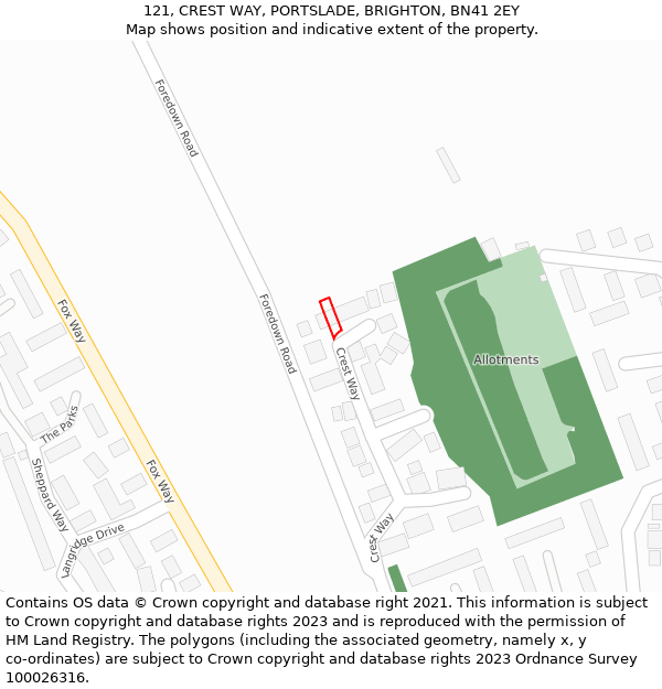 121, CREST WAY, PORTSLADE, BRIGHTON, BN41 2EY: Location map and indicative extent of plot