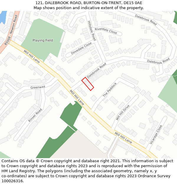 121, DALEBROOK ROAD, BURTON-ON-TRENT, DE15 0AE: Location map and indicative extent of plot