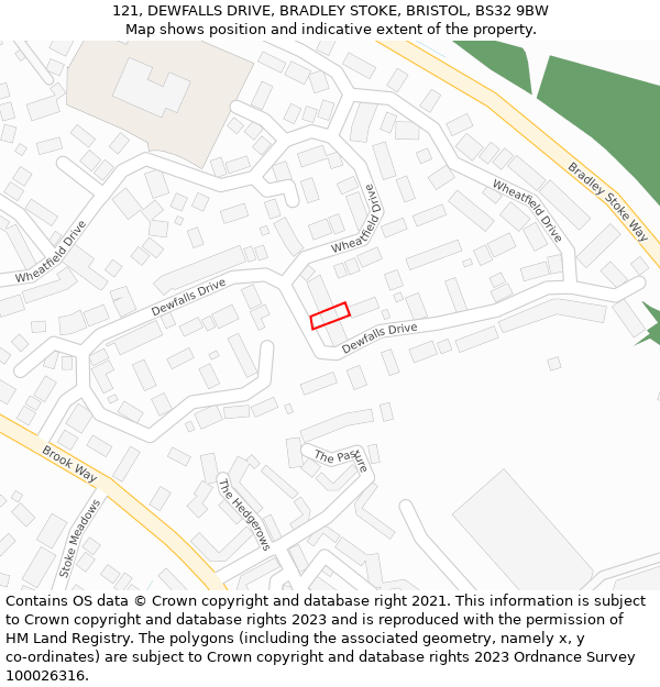 121, DEWFALLS DRIVE, BRADLEY STOKE, BRISTOL, BS32 9BW: Location map and indicative extent of plot