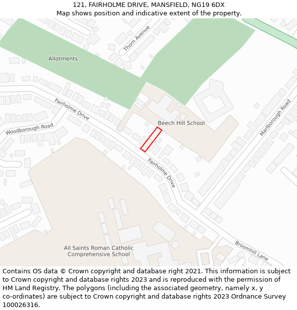 121, FAIRHOLME DRIVE, MANSFIELD, NG19 6DX: Location map and indicative extent of plot