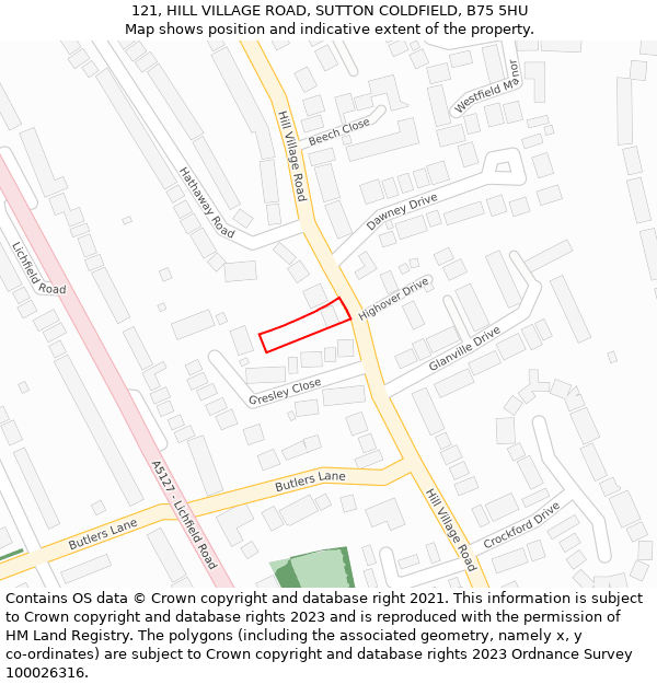 121, HILL VILLAGE ROAD, SUTTON COLDFIELD, B75 5HU: Location map and indicative extent of plot