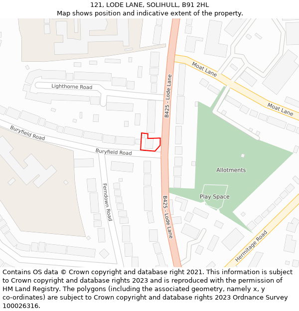 121, LODE LANE, SOLIHULL, B91 2HL: Location map and indicative extent of plot