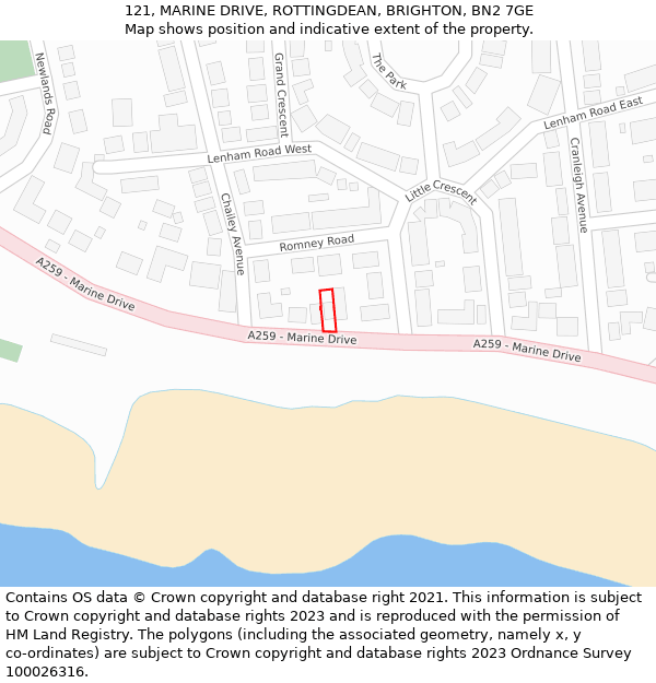 121, MARINE DRIVE, ROTTINGDEAN, BRIGHTON, BN2 7GE: Location map and indicative extent of plot