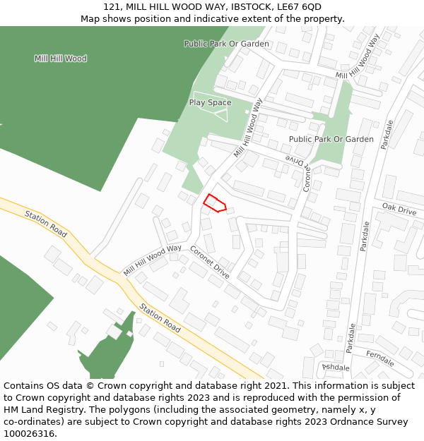 121, MILL HILL WOOD WAY, IBSTOCK, LE67 6QD: Location map and indicative extent of plot