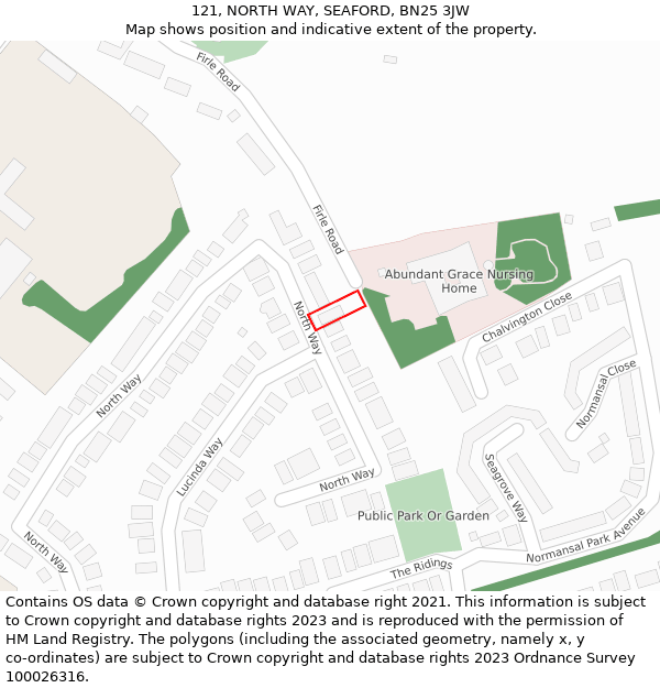 121, NORTH WAY, SEAFORD, BN25 3JW: Location map and indicative extent of plot