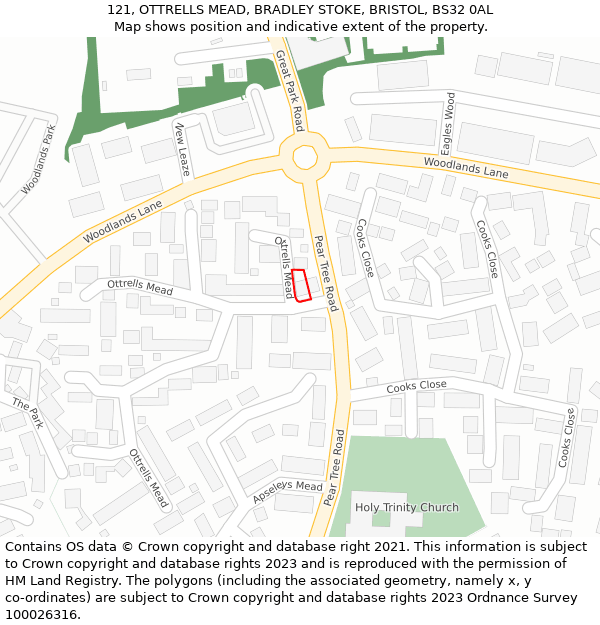 121, OTTRELLS MEAD, BRADLEY STOKE, BRISTOL, BS32 0AL: Location map and indicative extent of plot