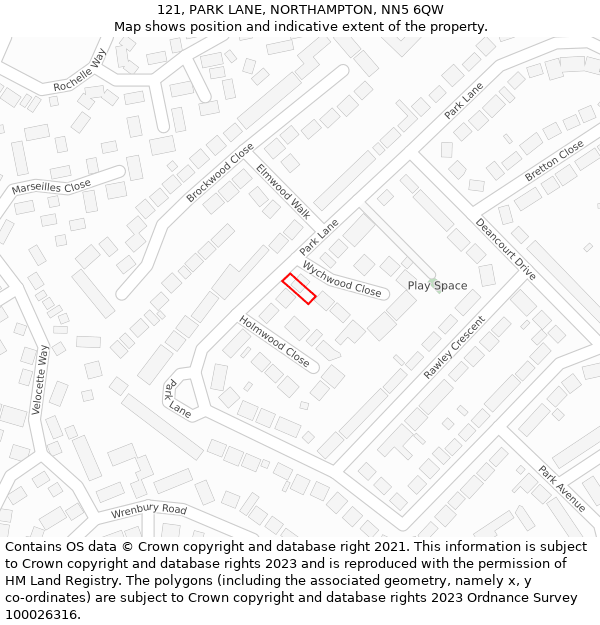 121, PARK LANE, NORTHAMPTON, NN5 6QW: Location map and indicative extent of plot