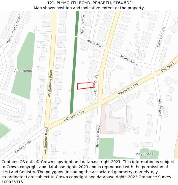 121, PLYMOUTH ROAD, PENARTH, CF64 5DF: Location map and indicative extent of plot