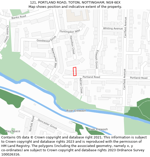 121, PORTLAND ROAD, TOTON, NOTTINGHAM, NG9 6EX: Location map and indicative extent of plot