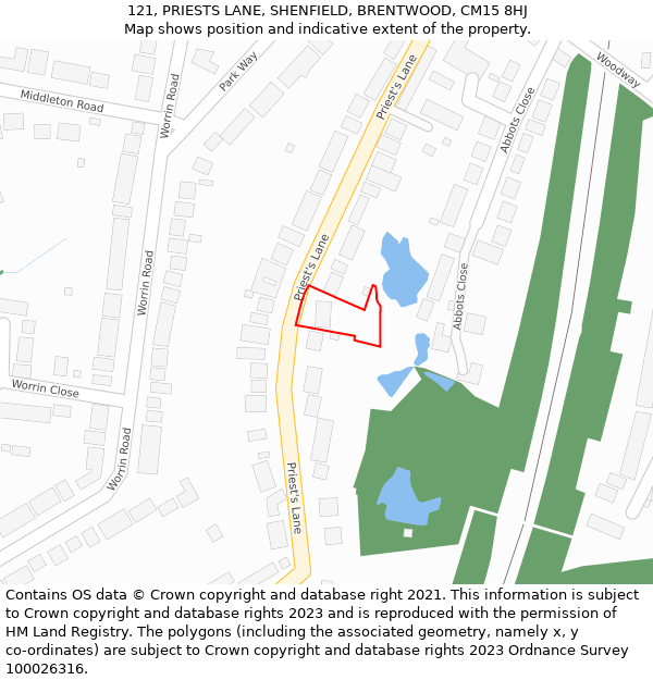 121, PRIESTS LANE, SHENFIELD, BRENTWOOD, CM15 8HJ: Location map and indicative extent of plot