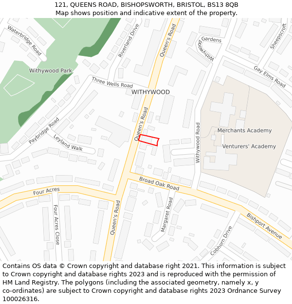 121, QUEENS ROAD, BISHOPSWORTH, BRISTOL, BS13 8QB: Location map and indicative extent of plot