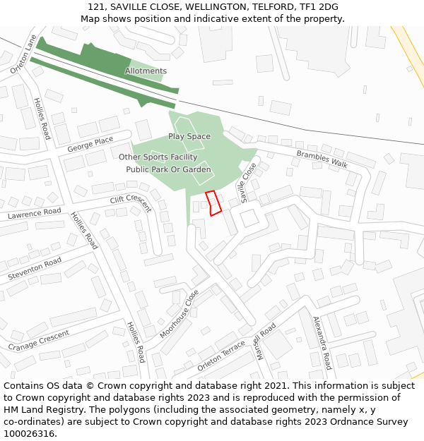 121, SAVILLE CLOSE, WELLINGTON, TELFORD, TF1 2DG: Location map and indicative extent of plot