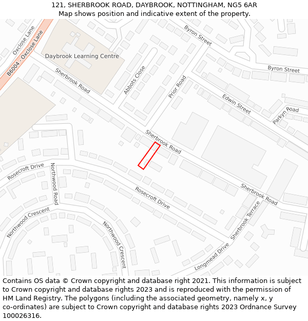 121, SHERBROOK ROAD, DAYBROOK, NOTTINGHAM, NG5 6AR: Location map and indicative extent of plot