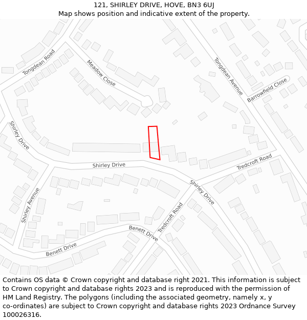121, SHIRLEY DRIVE, HOVE, BN3 6UJ: Location map and indicative extent of plot
